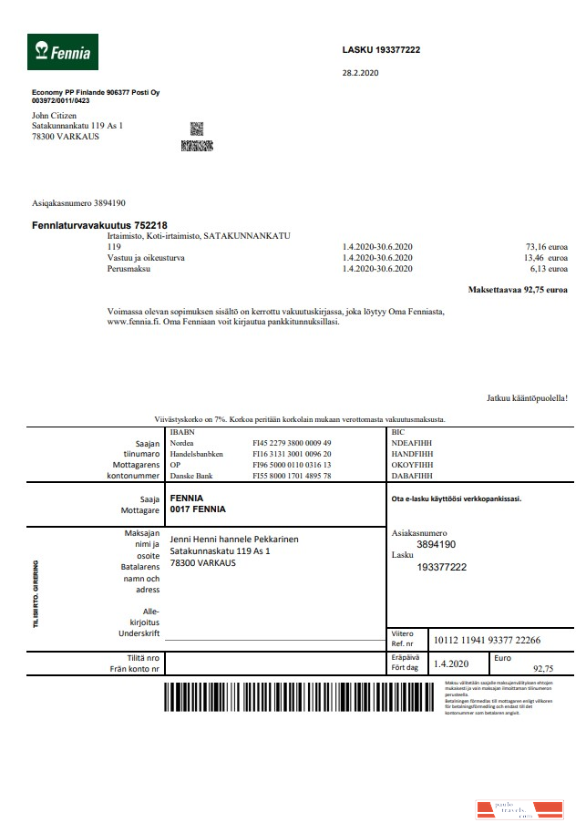 Finland Fennia Insurance company bill template in Word and PDF format